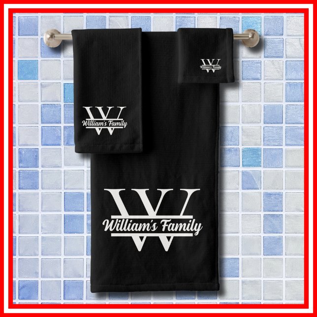 Black and White | Simple Family Name Monogram Bath Towel Set (Creator Uploaded)