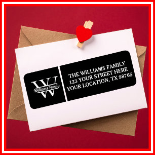 Black and White   Simple Family Name Monogram Return Address Label