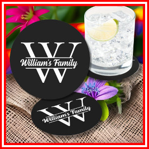 Black and White   Simple Family Name Monogram  Round Paper Coaster