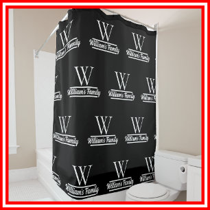 Black and White   Simple Family Name Monogram  Shower Curtain