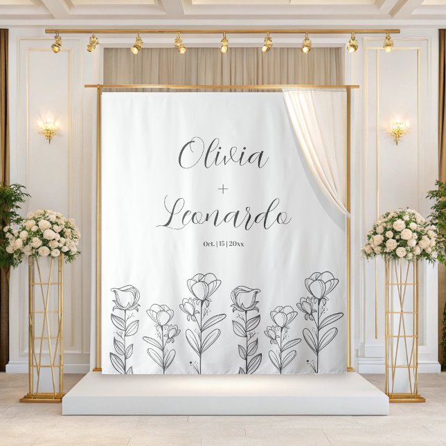 Black And white Simple Floral Wedding Backdrop Tapestry (Creator Uploaded)