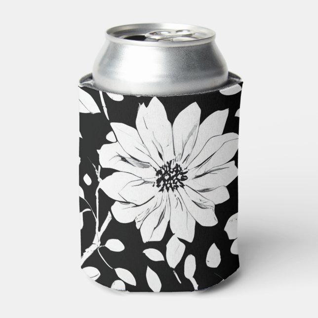 Black and White Simple Flower Seamless Pattern Can Cooler (Can Front)