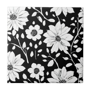 Black and White Simple Flower Seamless Pattern Ceramic Tile
