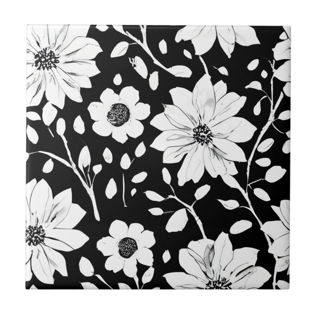 Black and White Simple Flower Seamless Pattern Ceramic Tile (Front)
