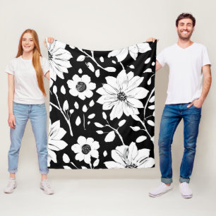 Black and White Simple Flower Seamless Pattern Fleece Blanket