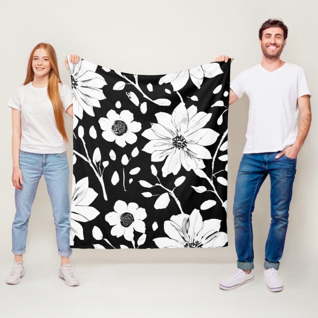 Black and White Simple Flower Seamless Pattern Fleece Blanket (In Situ)