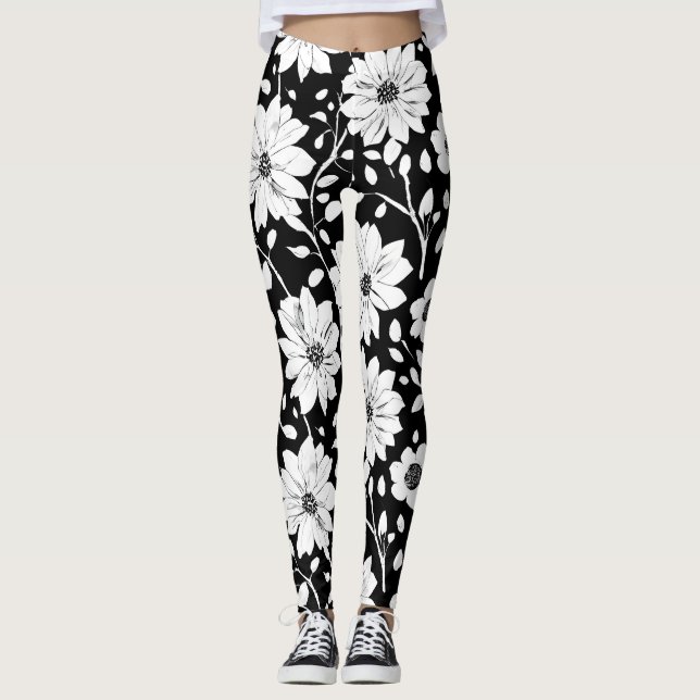 Black and White Simple Flower Seamless Pattern Leggings (Front)