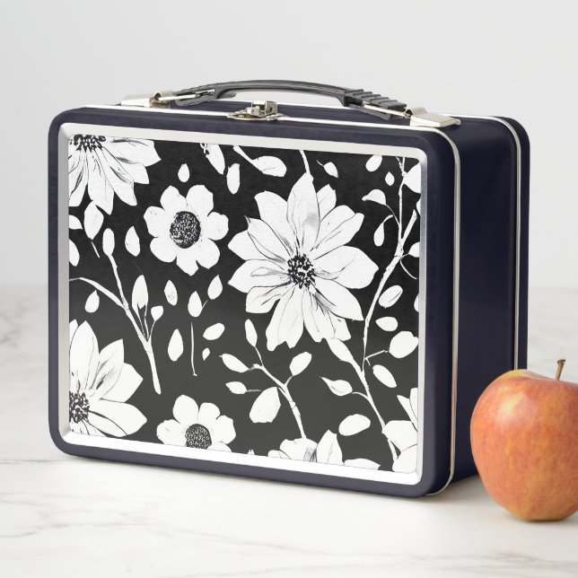 Black and White Simple Flower Seamless Pattern Metal Lunch Box (In Situ)