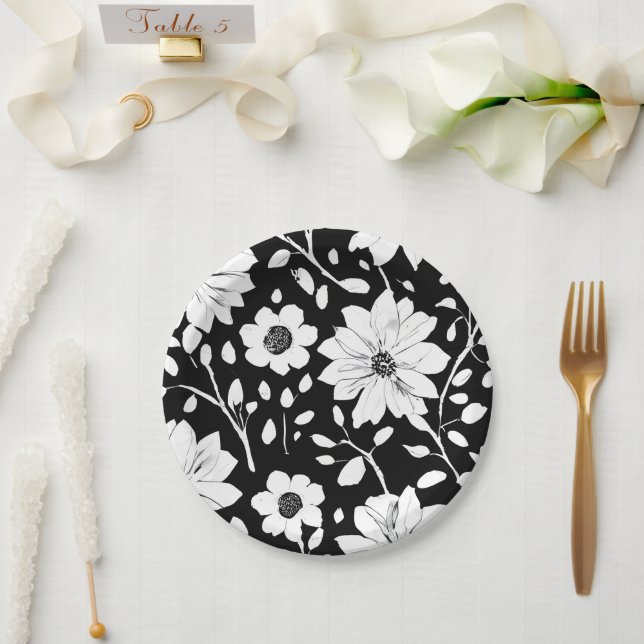 Black and White Simple Flower Seamless Pattern Paper Plate (Wedding)