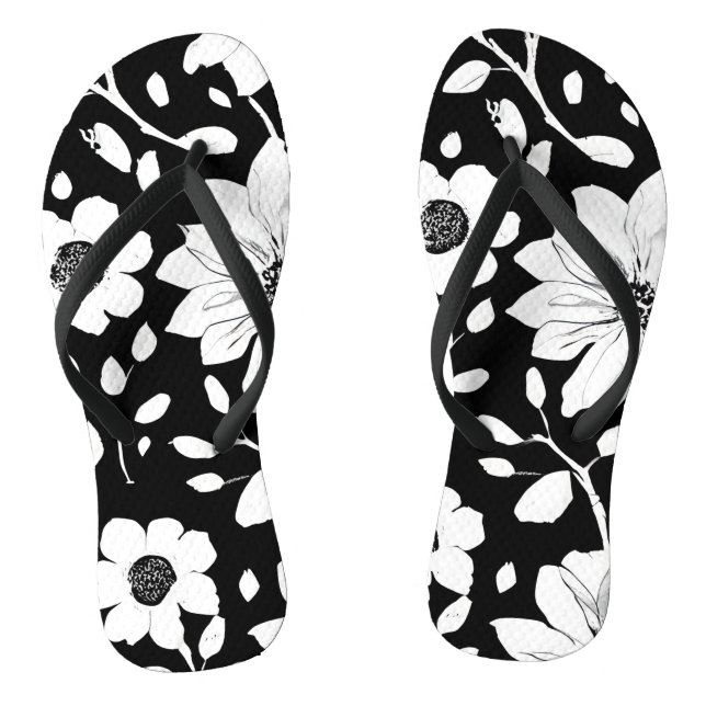 Black and White Simple Flower Seamless Pattern Thongs (Footbed)