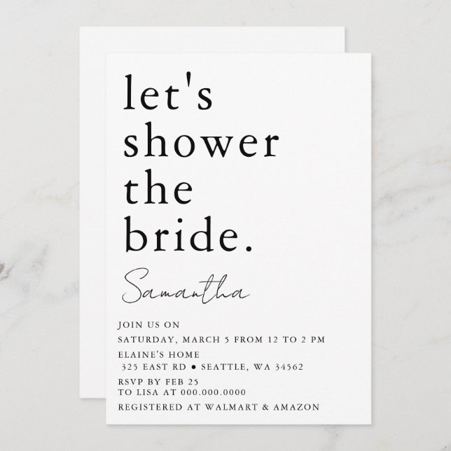 Black and White Simple Modern Bridal Shower Invitation (Front/Back)
