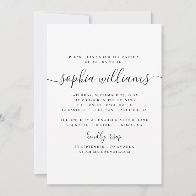 Black and white simple modern script baptism invitation (Front)