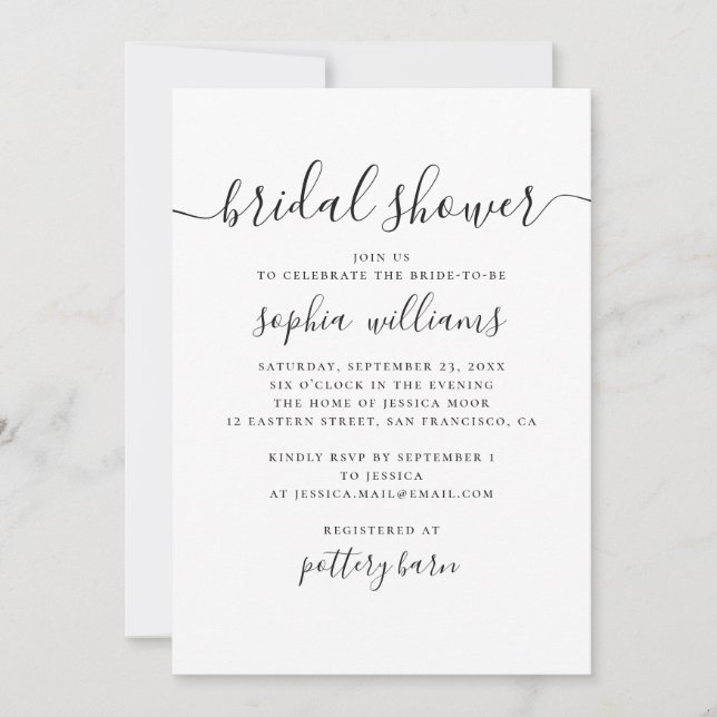 Black and white simple modern script bridal shower invitation (Front)
