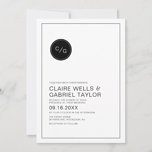 Black and white simple modern wedding invitation (Front)