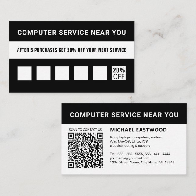 Black And White Simple Professional QR Code  Loyalty Card (Front/Back)