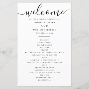 Black and white simple script wedding program