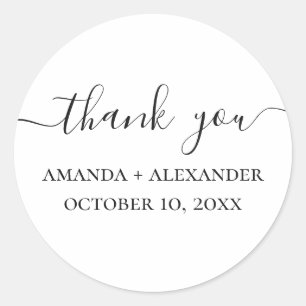 Black and white simple script wedding thank you classic round sticker