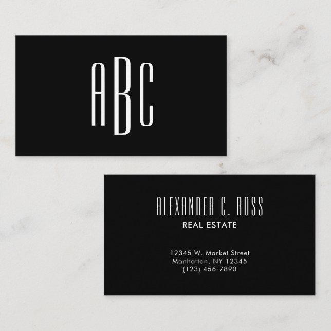 Black and White Simple Three Letter Monogram Business Card (Front/Back)