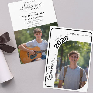 Black and White Simple Two Photo Graduation Party Invitation