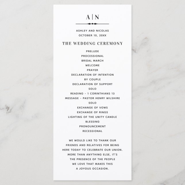 Black and white simple typography classic wedding program (Front)