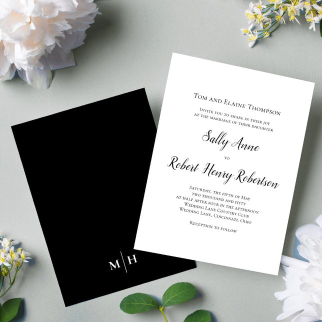 Black and White Simple Wedding Custom Invitation (Simple black and white calligraphy script wedding invitation.)