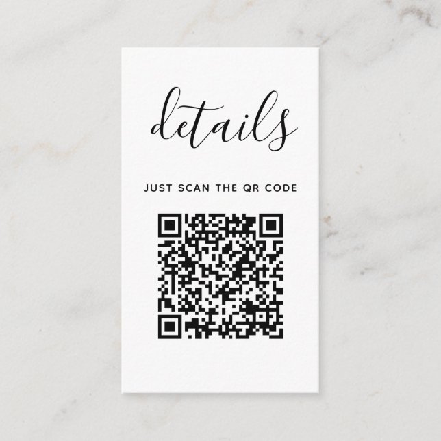 Black and white simple wedding details + QR Code Enclosure Card (Front)