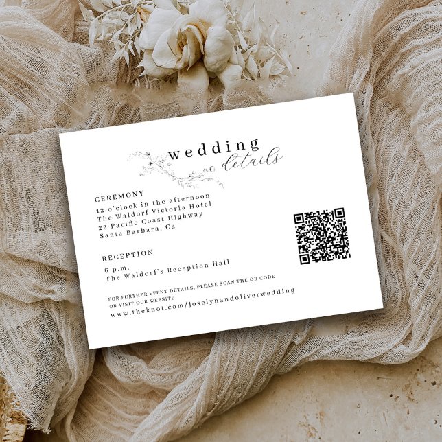 Black and White Sketched Floral QR Code Wedding Enclosure Card (Creator Uploaded)