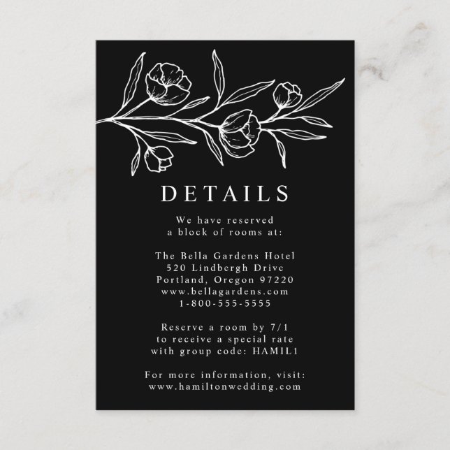 Black and White Sketched Floral Wedding Details Enclosure Card (Front)