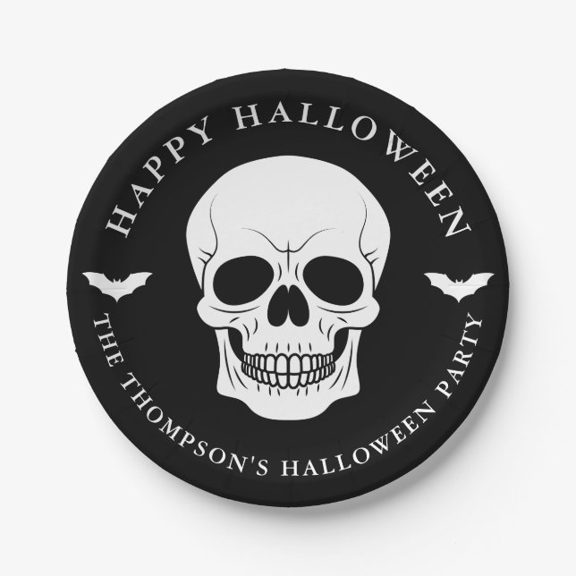 Black And White Skull And Bats Custom Halloween Paper Plate (Front)
