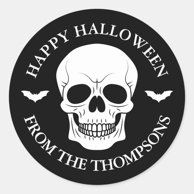 Black And White Skull And Bats With Text Halloween Classic Round Sticker (Front)