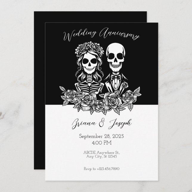 Black and white Skull couple Wedding Anniversary Invitation (Front/Back)