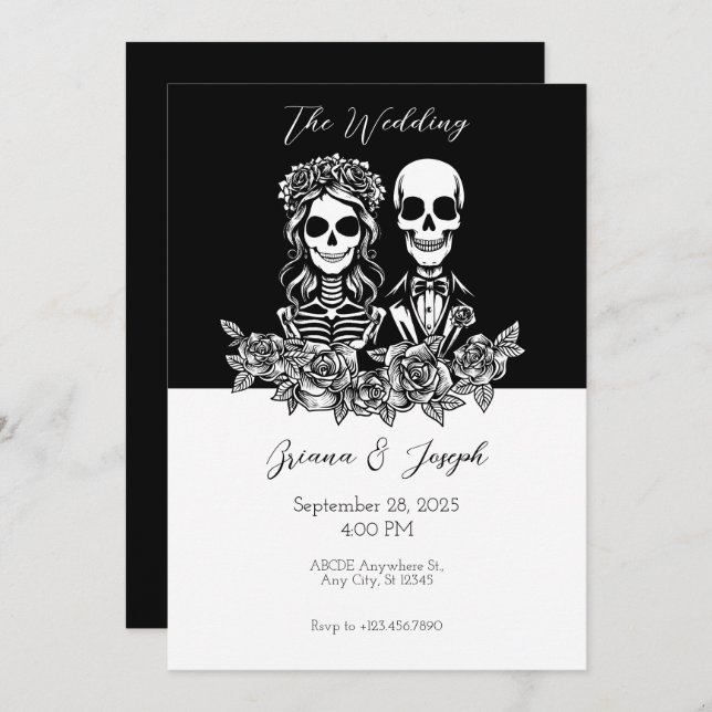 Black and white Skull couple Wedding  Invitation (Front/Back)