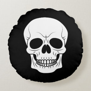 Black And White Skull Head Grinning Halloween Round Cushion