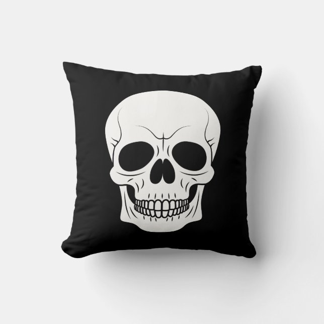Black And White Skull Head Spooky Halloween Cushion (Front)
