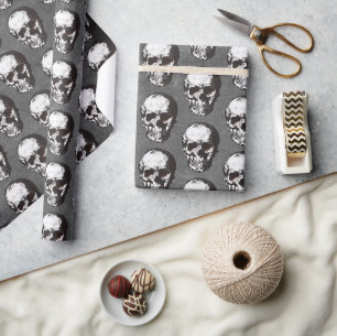 Black and White Skull Pattern Halloween Wrapping P Wrapping Paper