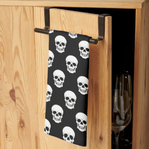 Black And White Skull Pattern Minimal Halloween Tea Towel