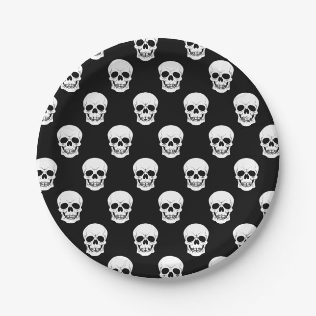 Black And White Skull Pattern Spooky Halloween Paper Plate (Front)