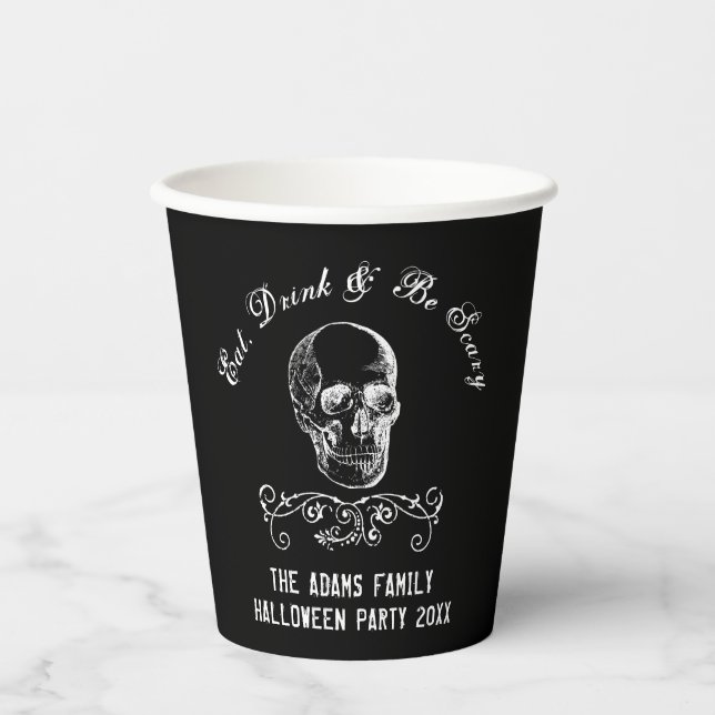 Black and White Skull Personalised Halloween Party Paper Cups (Front)