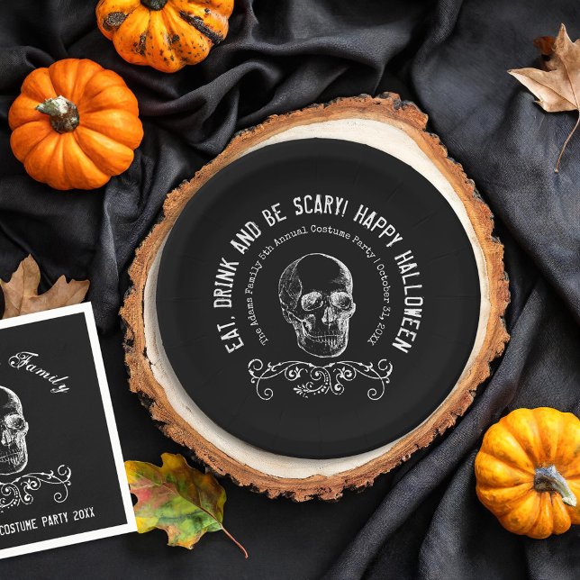 Black and White Skull Personalised Halloween Party Paper Plate (Creator Uploaded)