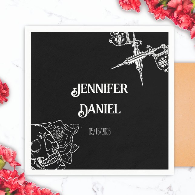 Black and White Skull Tattoo Wedding Napkin (Black and White Skull Tattoo Wedding Napkin)