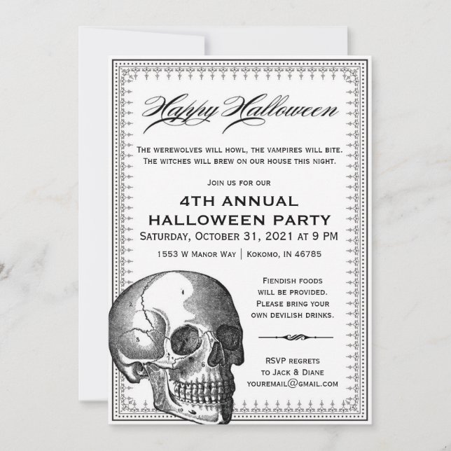 Black and White Skull Vintage Halloween Invitation (Front)