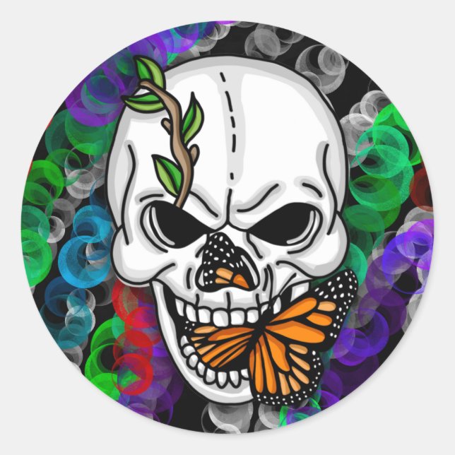 Black and White Skull with Monarch Butterfly    Classic Round Sticker (Front)
