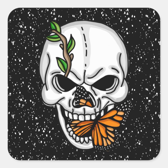 Black and White Skull with Monarch Butterfly   Square Sticker (Front)