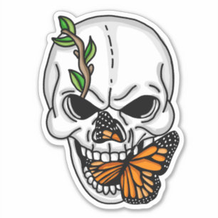 Black and White Skull with Monarch Butterfly   Sti