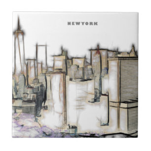 Black And White Skyline New york City Drawing Ceramic Tile