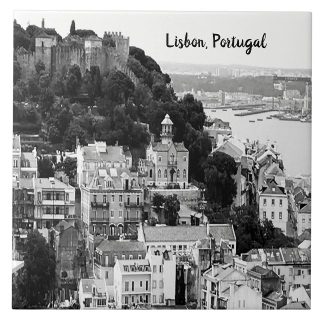 Black and White Skyline of Lisbon Portugal   Ceramic Tile (Front)