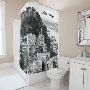 Black and White Skyline of Lisbon Portugal Shower Curtain