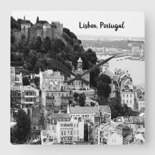 Black and White Skyline of Lisbon Portugal  Square Wall Clock