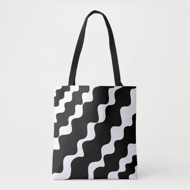 Black and white slanting waves pattern  tote bag (Front)