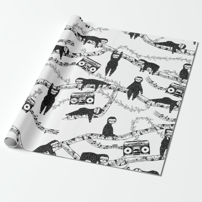 Black and white sloth pattern wrapping paper (Unrolled)